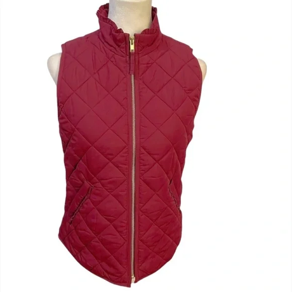 J. Crew Mercantile Burgundy Ruffle Neck Quilted Vest - Picture 3 of 11